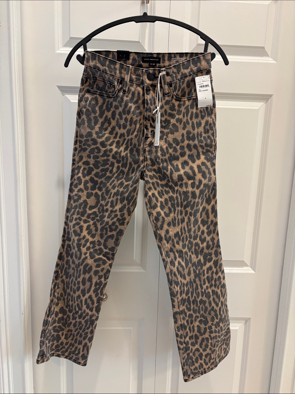 Good American Leopard Print Wide Leg Jeans in Brown and Black